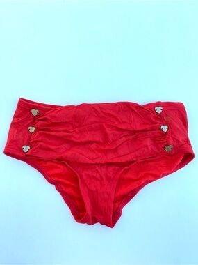 Juicy Couture Red Ruched Bikini Swim Bottoms Gold Heart Hardware Y2K Swimwear